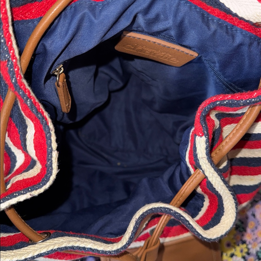 Charming Charlie Cream, Red &Blue Striped Canvas & Brown Faux Leather Backpack - Picture 5 of 8